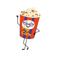 personnage de pop-corn dans une boîte de vacances avec des lunettes et des émotions joyeuses vecteur