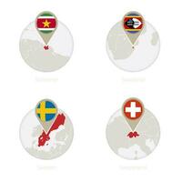 surinam, Swaziland, Suède, Suisse carte et drapeau dans cercle. vecteur