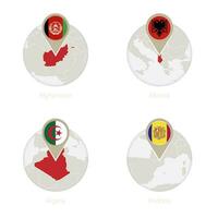 afghanistan, Albanie, Algérie, andorre carte et drapeau dans cercle. vecteur