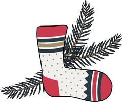 chaussette du nouvel an avec des motifs et une branche d'arbre de noël vecteur