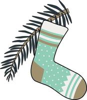 chaussette du nouvel an avec des motifs et une branche d'arbre de noël vecteur