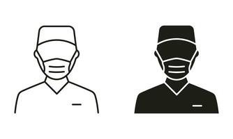 chirurgien homme ligne et silhouette noir Icônes. professionnel chirurgien médecin symbole collection. Plastique chirurgie spécialiste dans médical masque, hôpital Personnel pictogramme ensemble. isolé vecteur illustration.