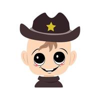 enfant avec de grands yeux et un large sourire en chapeau de shérif avec étoile jaune vecteur