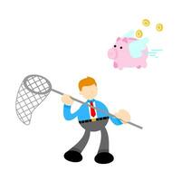 homme d'affaire ouvrier capture porc banque argent économie dessin animé griffonnage plat conception style vecteur illustration