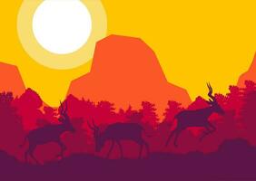 antilope cerf animal silhouette forêt Montagne paysage plat conception vecteur illustration