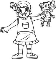 fille avec robot jouet isolé coloration page vecteur