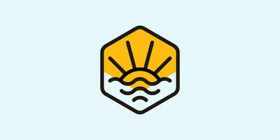 logo conception pour une le coucher du soleil vue à mer fabriqué dans une hexagonal forme et dans une minimaliste style vecteur