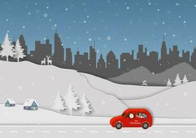 joyeux Noël et content Nouveau année salutation carte, père Noël claus conduite une rouge voiture et livrer cadeau des boites à le ville sur hiver vecteur