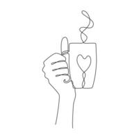 Célibataire un ligne dessin de main en portant une agresser avec une cœur. concept de chaud café ou thé fabriqué avec l'amour. modèle pour imprimer, menu, carte, invitation, publicité. esquisser, ligne art. minimaliste style. vecteur