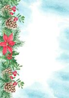 Noël carte modèle avec pin cône et branches, houx plante avec rouge baies, poinsettia et airelle rouge ou airelle. bleu aquarelle éclaboussures. pour enregistrer le Date ou salutation cartes. vecteur