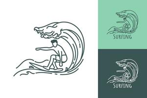 surfant ligne art logo de une homme surfant dans une roulant océan vague vecteur illustration
