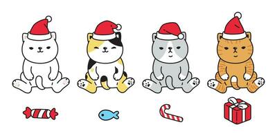 chat vecteur Noël icône Père Noël claus chapeau chaton calicot logo personnage dessin animé cadeau boîte bonbons canne gingembre symbole illustration griffonnage conception