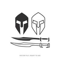 L'icône du logo vectoriel illustration d'épées et de casque de guerrier spartiate
