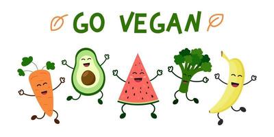 devenir vegetarien. journée mondiale végétarienne. heureux légumes et fruits mignons vecteur
