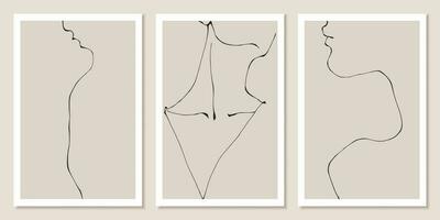 ligne art minimaliste femme cou et épaules silhouette ensemble de 3 affiches. Facile vecteur des illustrations de le femelle corps dans une branché linéaire style. ligne dessin sur une beige Contexte.