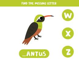 trouver disparu lettre avec dessin animé xantus oiseau. orthographe feuille de travail. vecteur