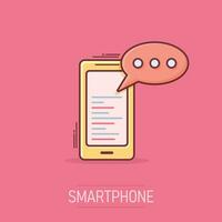 smartphone de dessin animé avec icône de message dans le style comique. pictogramme d'illustration de téléphone portable. concept d'éclaboussure de smartphone. vecteur