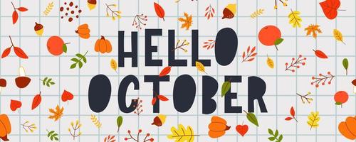 bannière de vecteur de vente de texte de lettrage d'octobre avec des feuilles d'automne colorées