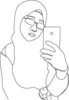 des lunettes femmes selfie avec téléphone ligne art illustration. hijab aux femmes ligne art. femelle portrait dans hijab. musulman Dame porte une hijab dans ligne art illustration. vecteur