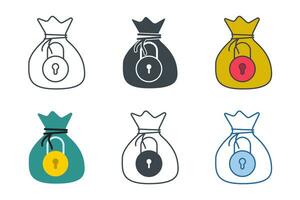 argent sac avec cadenas icône collection avec différent modes. argent protection icône symbole vecteur illustration isolé sur blanc Contexte