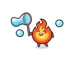 dessin animé de feu heureux jouant à la bulle de savon vecteur