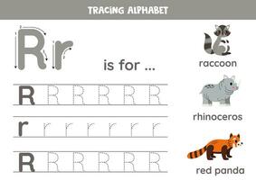 tracé tout des lettres de Anglais alphabet. préscolaire activité pour enfants. l'écriture majuscule et minuscule lettre r. mignonne illustration de raton laveur, rouge Panda, rhinocéros. imprimable feuille de travail. vecteur