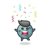 joyeuse mascotte d'astéroïde sautant pour félicitation avec des confettis de couleur vecteur