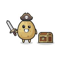 le personnage de pirate de pomme de terre tenant une épée à côté d'un coffre au trésor vecteur