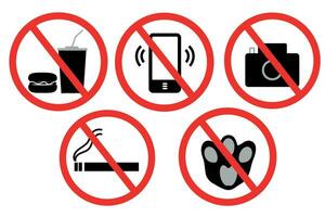 interdiction panneaux, vecteur Icônes, nourriture, boissons, fumeur, la photographie, animaux domestiques, téléphone appels sont interdit.