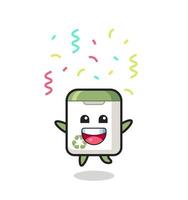 mascotte de poubelle heureuse sautant pour félicitation avec des confettis de couleur vecteur