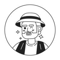 caucasien pêcheur barbu un clin d'oeil souriant noir et blanc 2d vecteur avatar illustration. adulte Masculin pétillant contour dessin animé personnage visage isolé. amical affectueux gars plat utilisateur profil image