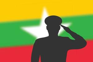 silhouette de soudure sur fond flou avec le drapeau du Myanmar. vecteur