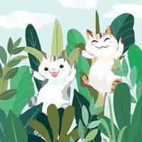 mignon un couple chat s'amusant dans un dessin animé de jardin de verdure vecteur