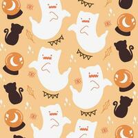 Halloween sans couture modèle conception avec fantôme, chat, et divination cristal Balle vecteur