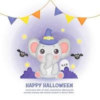 carte d'halloween heureuse avec un éléphant mignon. vecteur