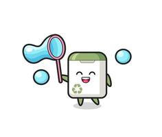 heureux poubelle dessin animé jouant bulle de savon vecteur