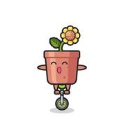 le personnage mignon de pot de tournesol fait du vélo de cirque vecteur