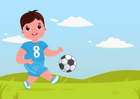 Garçon mignon jouant au football avec un ballon de foot. Uniforme moderne de l&#39;équipe du joueur. Activités saines. Illustration de dessin animé de vecteur