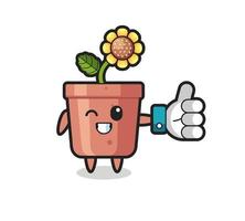 joli pot de tournesol avec le symbole du pouce levé des médias sociaux vecteur