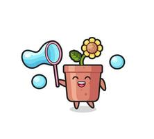 dessin animé heureux de pot de tournesol jouant la bulle de savon vecteur