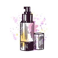 dessiné à la main bouteille de crème avec distributeur, beauté cosmétique élément, soi se soucier. illustration sur une aquarelle pastel Contexte avec éclaboussures de peindre. utile pour beauté salon, se maquiller. griffonnage esquisser. vecteur