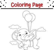 dessin animé mignonne l'éléphant en volant avec ballon coloration page pour les enfants. vecteur illustration coloration livre.