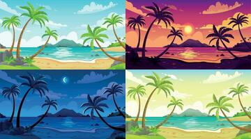 jour plage paysage. ensoleillé journée paysage marin, nuit océan et le coucher du soleil plage dessin animé vecteur illustration ensemble