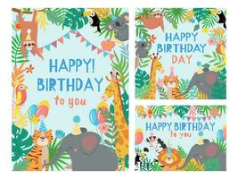 dessin animé content anniversaire animaux carte. toutes nos félicitations cartes avec mignonne safari ou jungle animaux fête dans tropical forêt vecteur illustration ensemble