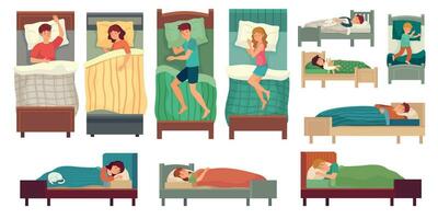 gens en train de dormir dans des lits. adulte homme dans lit, endormi femme et Jeune des gamins sommeil vecteur illustration ensemble
