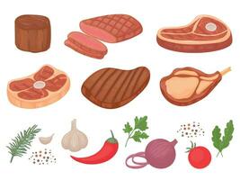 dessin animé du boeuf biftecks. grillé steak, du boeuf viandes et filet mignon. poivre et épices, ail, oignon et tomates vecteur illustration ensemble