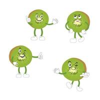 kiwi fruit dessin animé personnage avec verdâtre marron flou peau et montrer du doigt main geste, pour agriculture ou Frais nourriture conception. kiwi fruit vecteur personnages, dessin animé mignonne kiwi fruit dessin animé émoticônes.