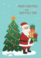 Noël carte ou affiche avec Père Noël claus détient cadeaux, Noël arbre, neige et texte joyeux Noël et content Nouveau année sur bleu Contexte. plat dessin animé vecteur illustration.