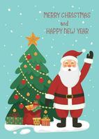 Noël carte ou affiche Père Noël claus agitant main, sac plein de cadeaux, Noël arbre, neige et texte joyeux Noël et content Nouveau année sur bleu Contexte. plat dessin animé vecteur illustration.