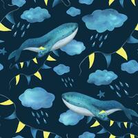 turquoise baleine dans le des nuages avec une guirlande de drapeaux parmi le des nuages avec gouttes de pluie. aquarelle illustration main tiré dans une Facile puéril style. sans couture modèle sur une bleu Contexte vecteur